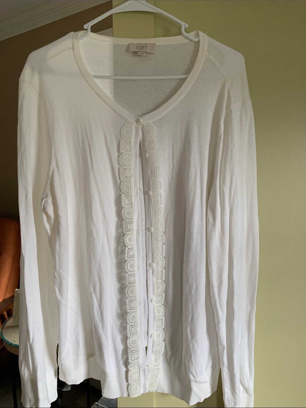 LOFT Cream Lace-Trim Long Sleeve Button Cardigan